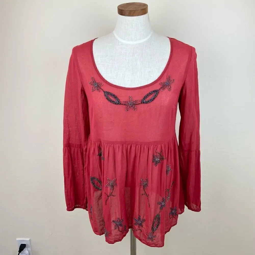 Free People Beaded Peplum Scoop-Neck Top